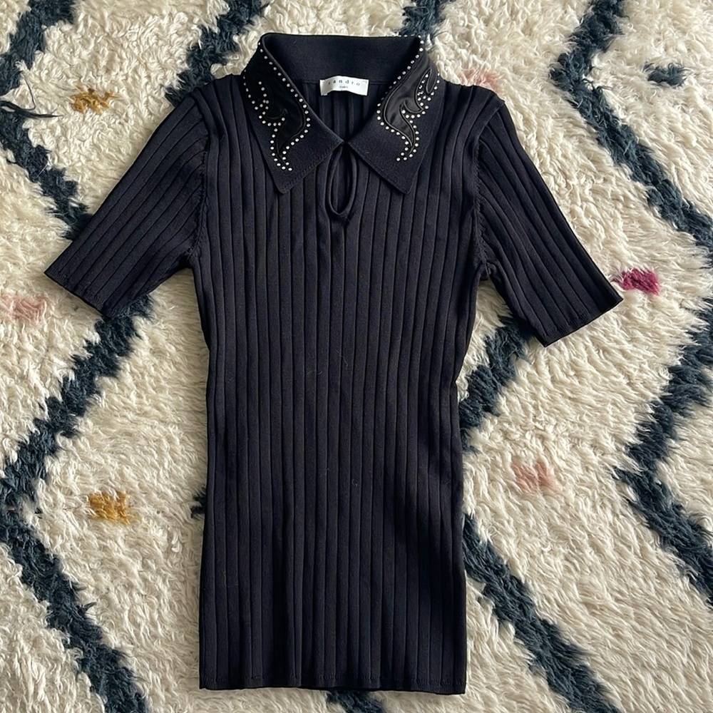 SANDRO PARIS BLACK KNIT TOP- Polo Ribbed Rhinestone Collar Size M